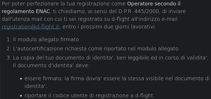 Email procedura registrazione operatore UAS