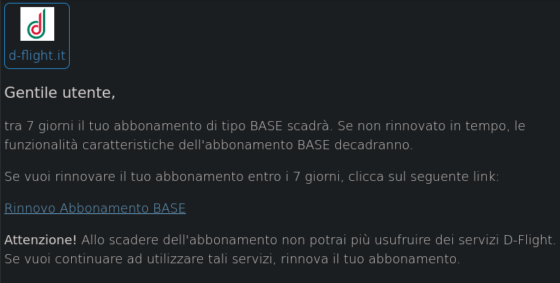 Email ricevuta 7 giorni prima della scadenza