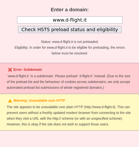 Problemi trovati dal sito hstspreload.org